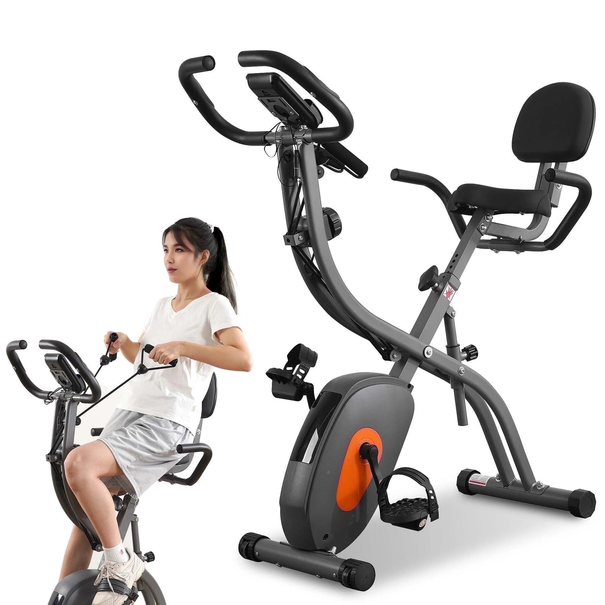 Bicicleta De Ejercicio Plegable 4 En 1 Magnética Estacionaria Recumbent Bike Resistencia De 10 Niveles Para Uso En El Hogar Con Bandas De Resistencia Para Brazos