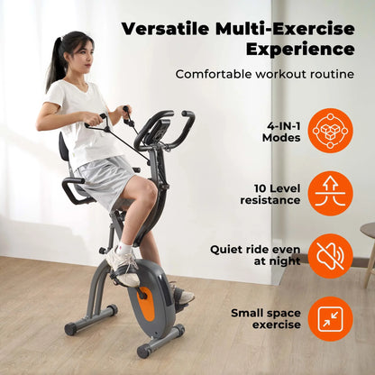 Bicicleta De Ejercicio Plegable 4 En 1 Magnética Estacionaria Recumbent Bike Resistencia De 10 Niveles Para Uso En El Hogar Con Bandas De Resistencia Para Brazos