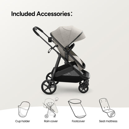 Wiz 2-In-1 Baby Stroller with Bassinet Mode, Reversible Seat and Large Canopy, Khaki, 22.3LB, Unisex