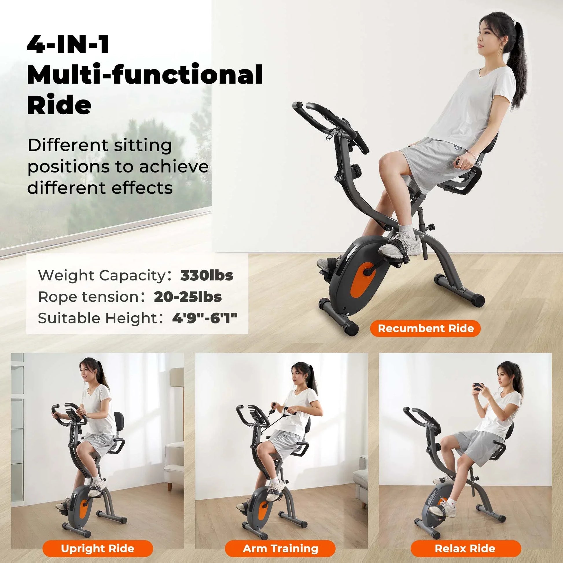 Bicicleta De Ejercicio Plegable 4 En 1 Magnética Estacionaria Recumbent Bike Resistencia De 10 Niveles Para Uso En El Hogar Con Bandas De Resistencia Para Brazos