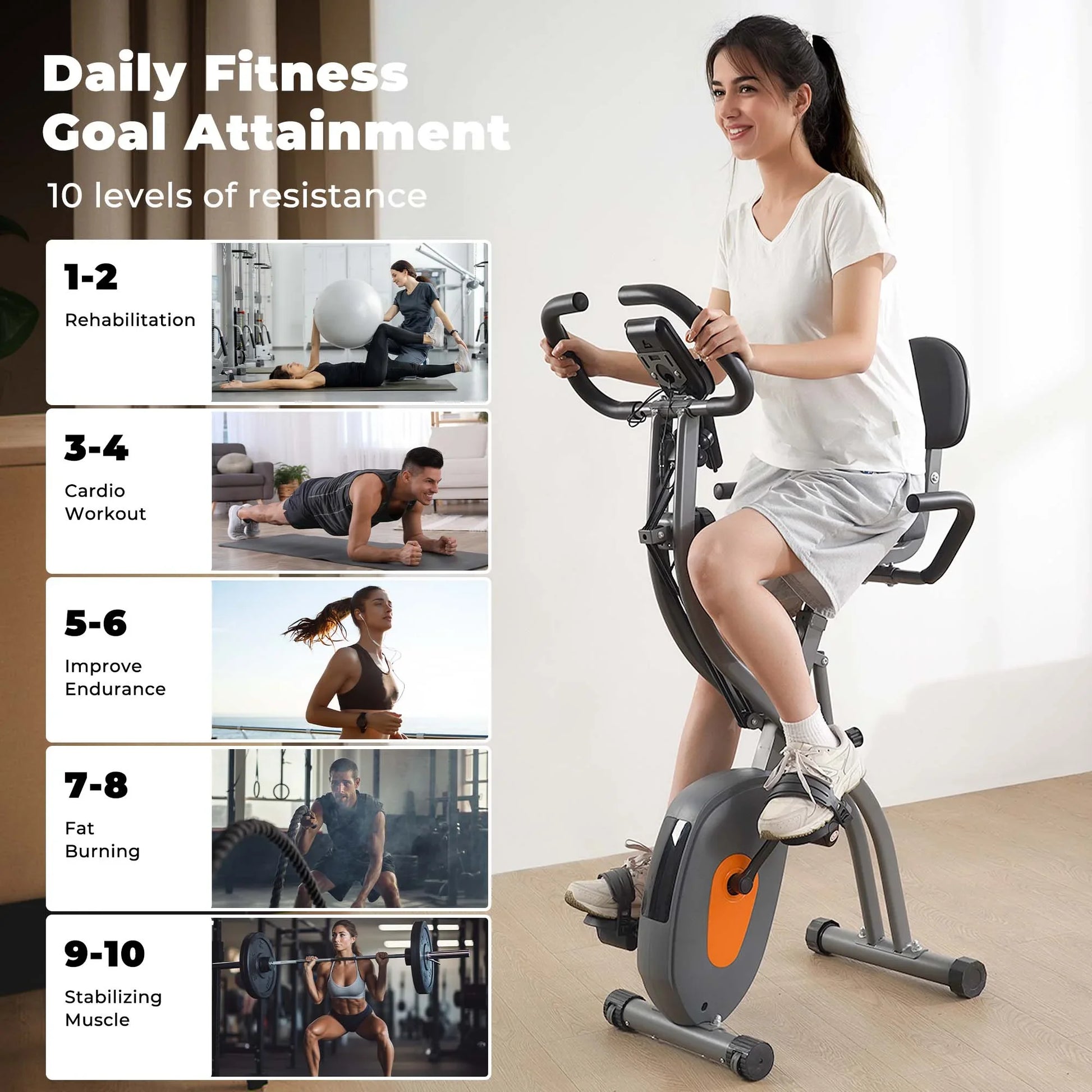 Bicicleta De Ejercicio Plegable 4 En 1 Magnética Estacionaria Recumbent Bike Resistencia De 10 Niveles Para Uso En El Hogar Con Bandas De Resistencia Para Brazos